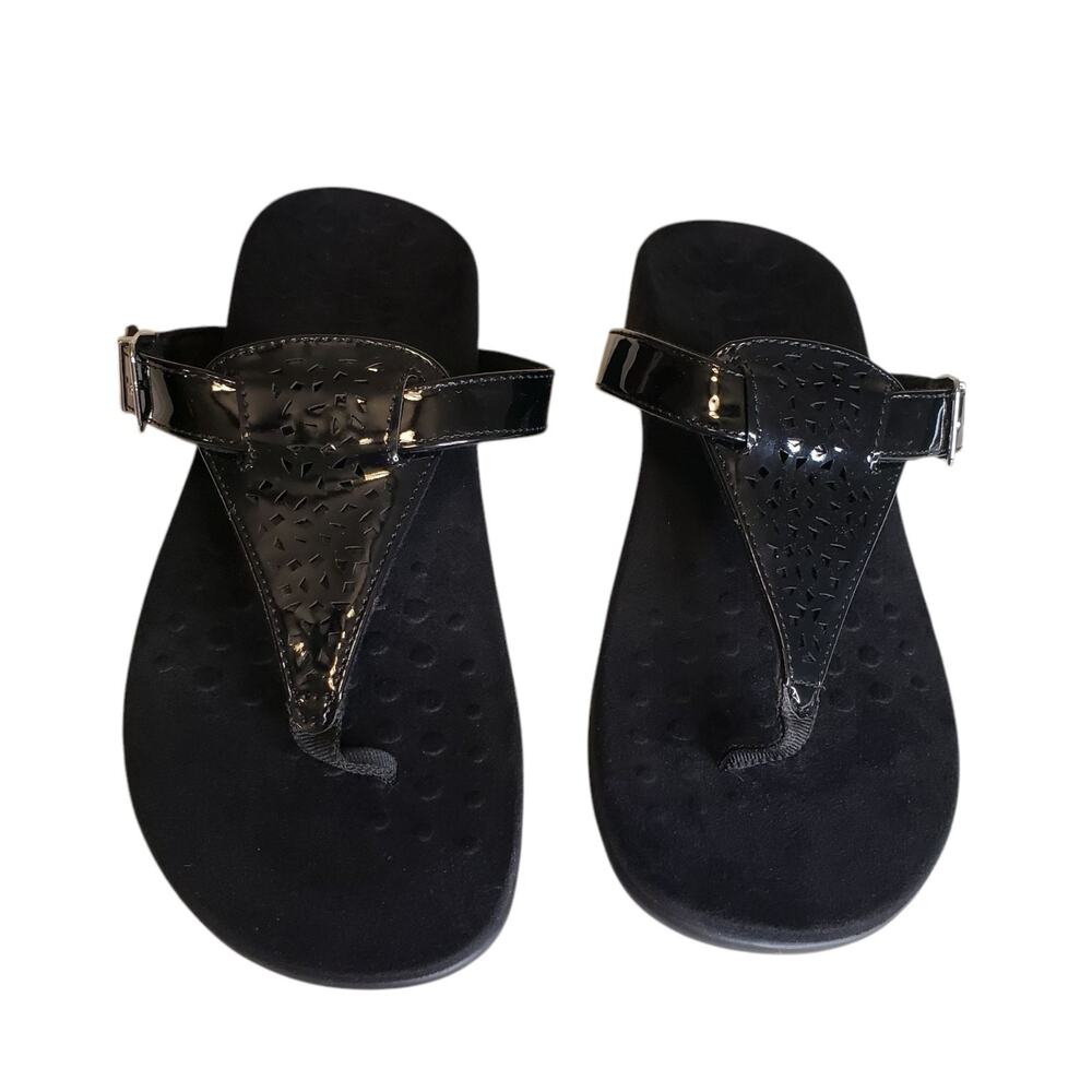 Vionic Womens Tropaz Black Patent Leather T Strap Sandals Size 8 Comfort